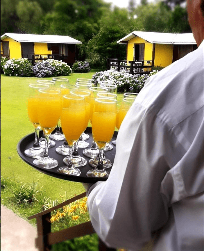 Brindis servido entre las cabañas para un evento